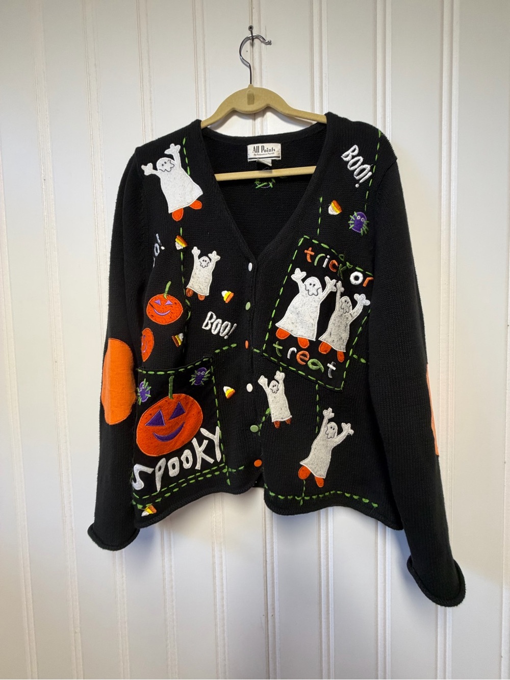 Vintage 90s All Points Halloween Cardigan Sweater Ghosts Pumpkins Boo Large
